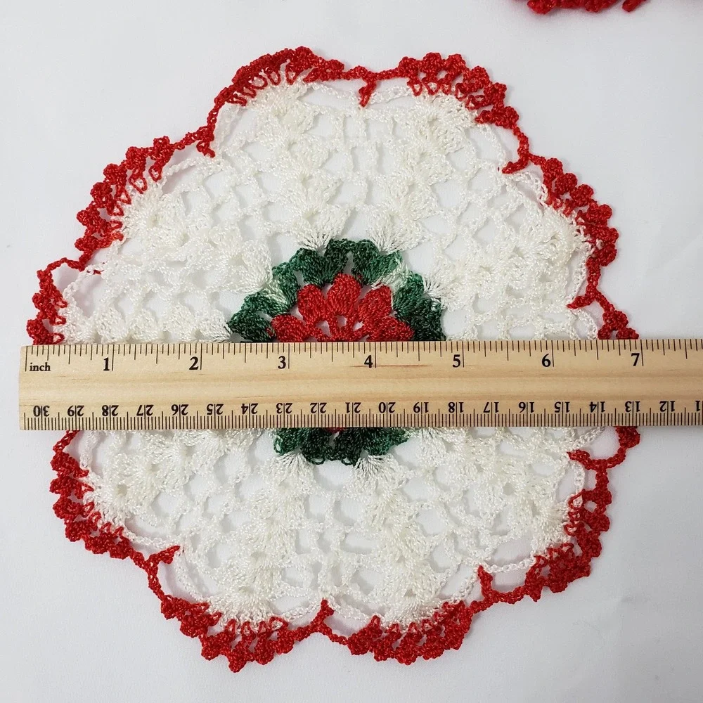 Vintage Crochet Doilies Red White Green 7 Inches Set Of 5